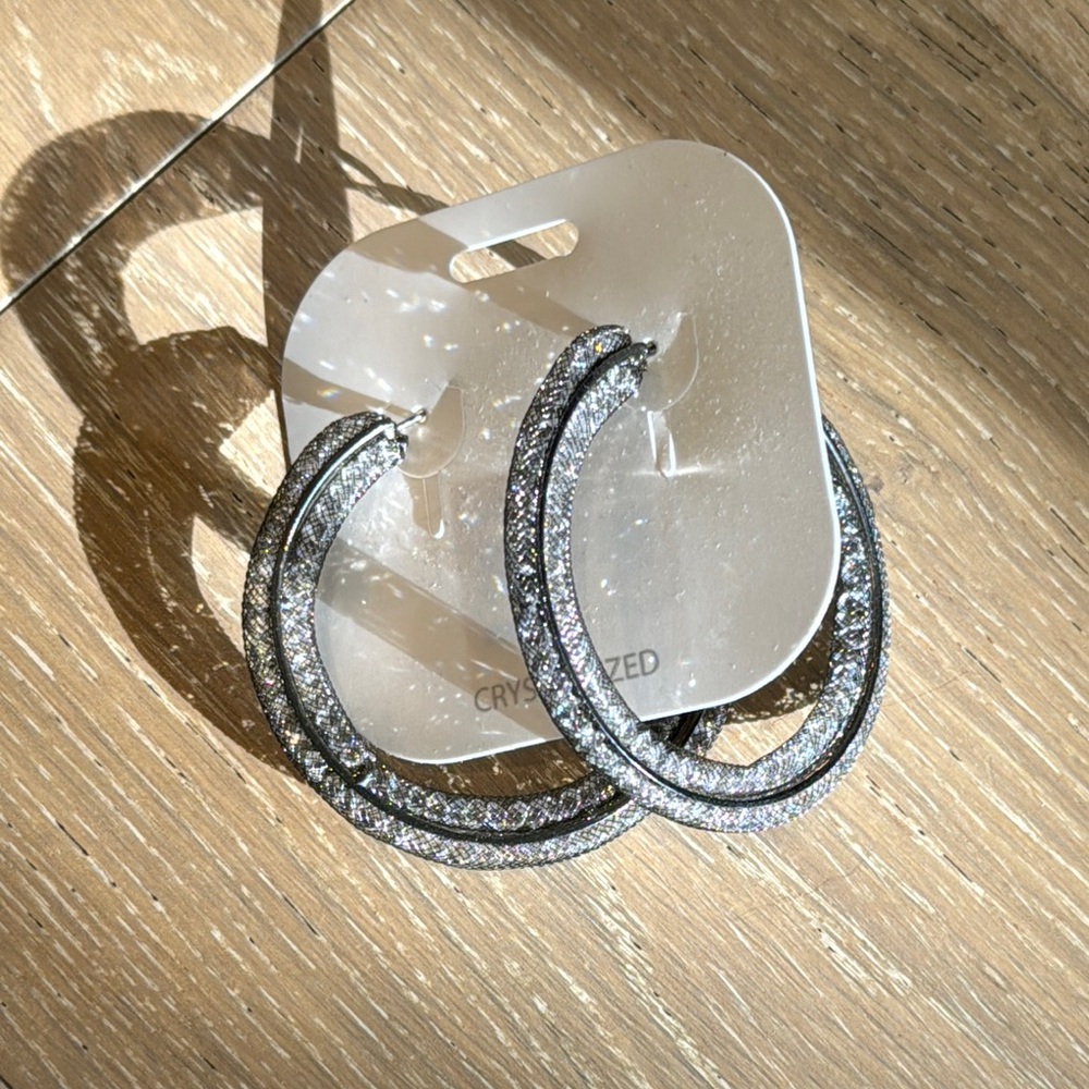 Crystalized Silver Hoop Earrings